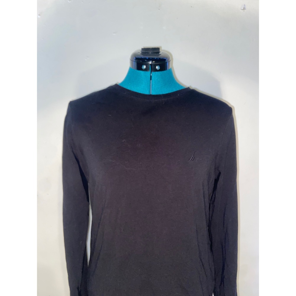 Nautica Mens Long Sleeve Crewneck T-Shirt Black Cotton Stretch Size M Logo Tee - Picture 1 of 5